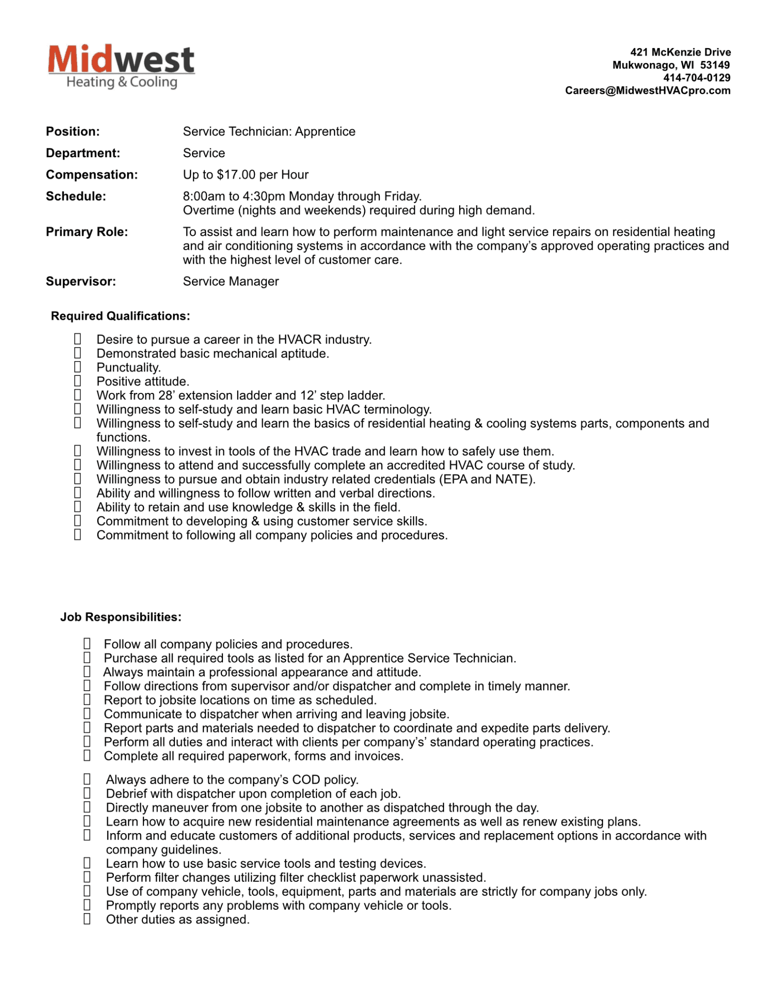 Careers Midwest Heating and Cooling Mukwonago, WI