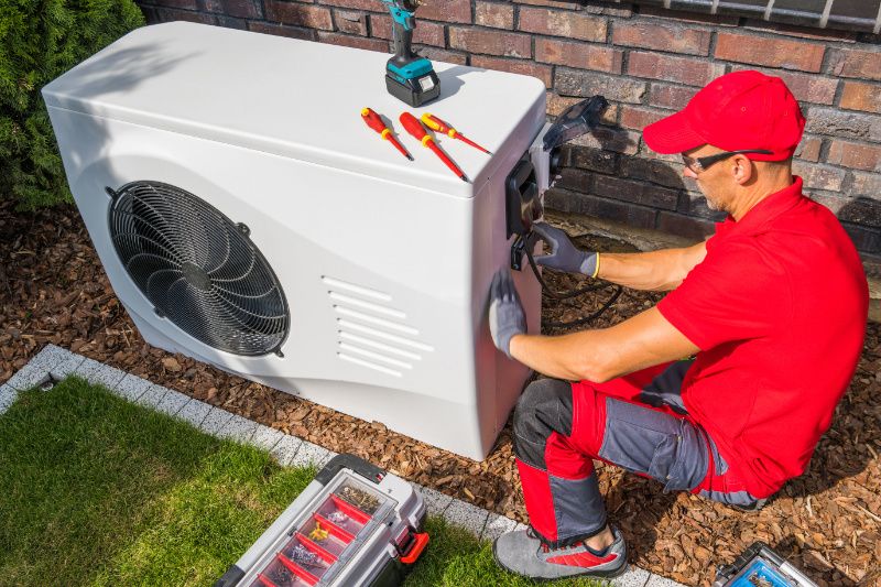Image of technician working with heat pump. 4 Factors to Consider When Buying a Heat Pump.